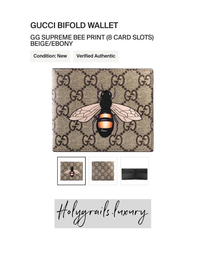 Gucci Bifold Wallet GG Supreme Bee Print (8 Card Slots) Beige/Ebony