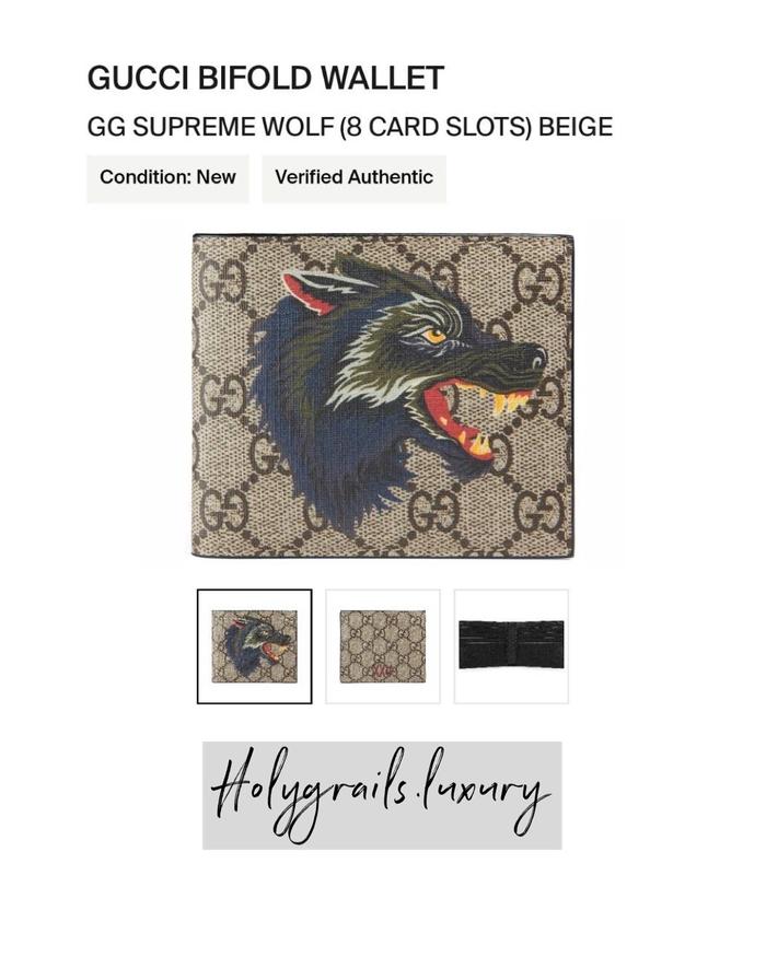 Gucci Bifold Wallet GG Supreme Wolf (8 Card Slots) Beige
