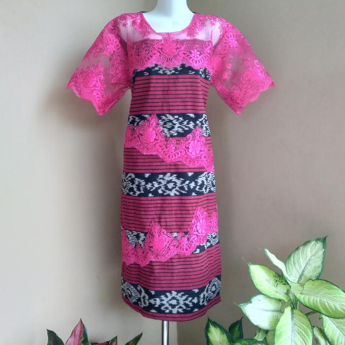 dress tenun mewah mix brokat pink fanta
