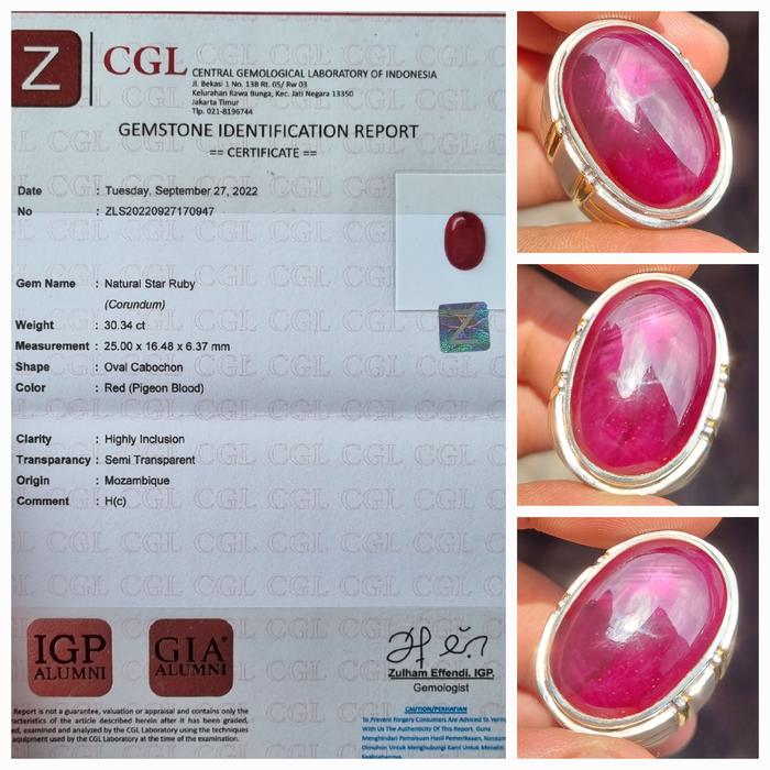 Batu Pigeon Blood Red Star Ruby Mozambique Jumbo Sertifikat 30.34 crt
