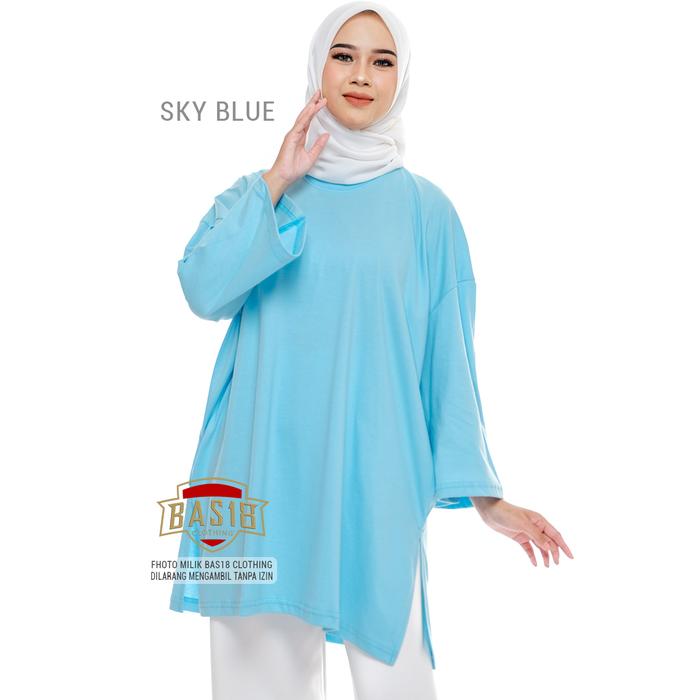 Kaos Tunik Wanita Polos Jumbo Oversize Tangan 3/4 Katun Biru Langit