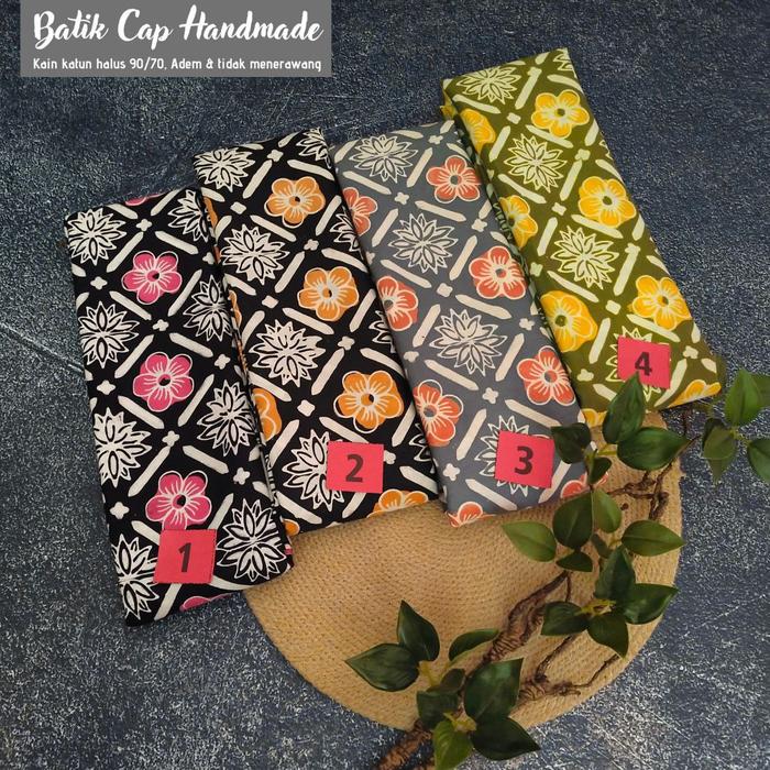 Kain Batik Cap Handmade Bunga Sakura ( Pink Oren Abu Abu Hijau )
