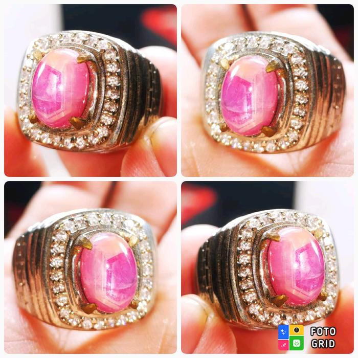 cincin batu natural Ruby Burma Merah putih star memo GIL