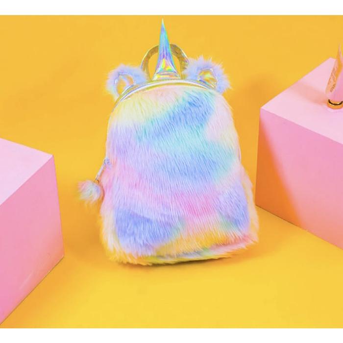 Tas Unicorn Bulu Ala Justice Smiggle Ransel Unicorn Hologram + Pom2 Bahan Bulu Lembut Bagian Depan T