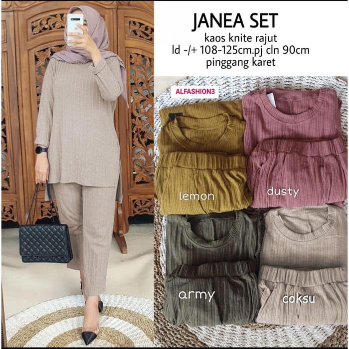 setelan muslim wanita jumbo set celana kaos knit rajut b8256 janea set