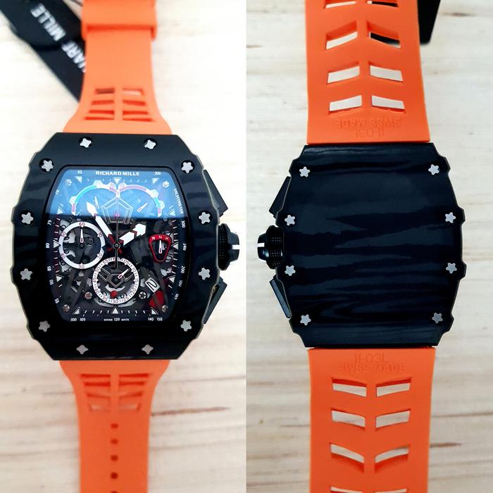 ARLOJI26 JAM TANGAN PRIA RM 50 03 BLACK ORANGE RUBBER PREMIUM