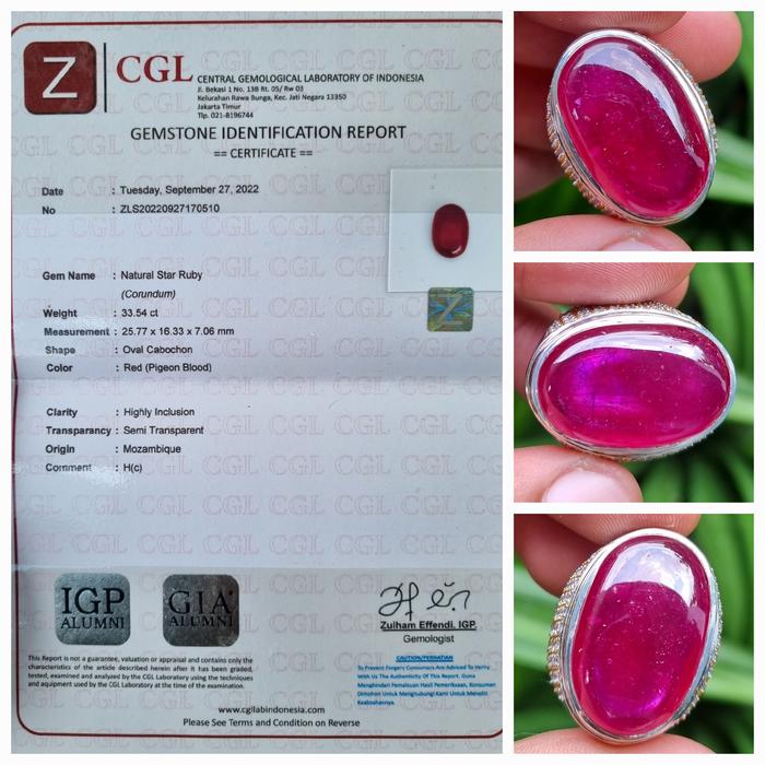 Batu Red Pigeon Blood Ruby Jumbo Top Color Sertifikat 33.54 crt