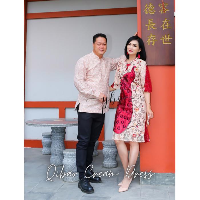 Qibao Cream Dress Batik Premium Batik Kemeja Dress CNY Imlek Qibao