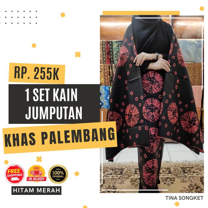 Kain Jumputan Set Khas Palembang Hitam Motif Merah