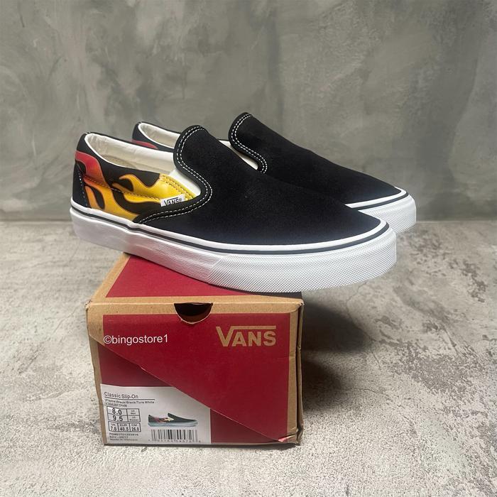 Vans Slip On Black White Flame Red Orignal - Vans Flame BW
