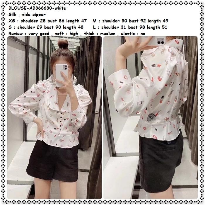 AB366630 Baju Atasan Kemeja Putih Motif Lipstick Wanita Korea Import