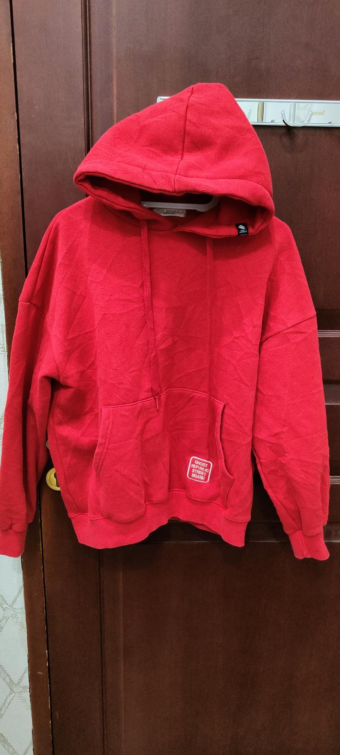 Jaket zip Hoodie Sweater resleting Ghost republic merah thriffting H52