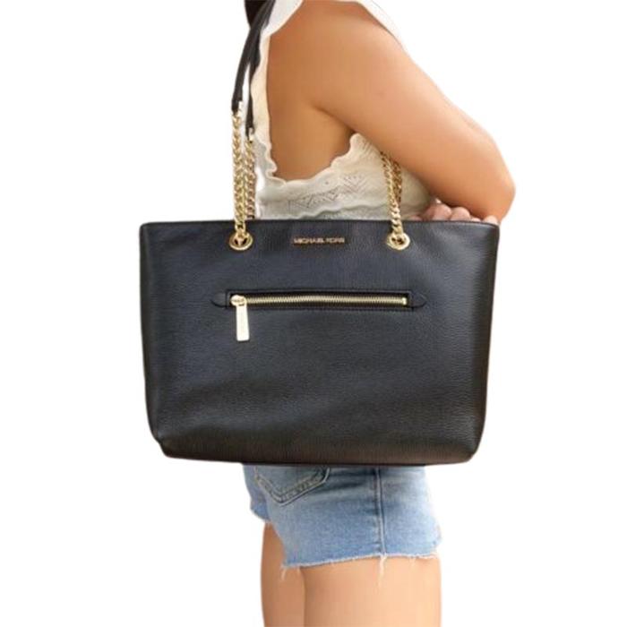 Tas Wanita Branded MK Medium Pebbled Leather Chain Tote Bag - Black