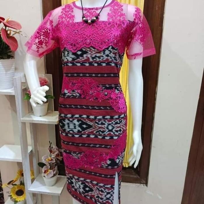 dress tenub etnik kombinasi brokat tulle pink fanta