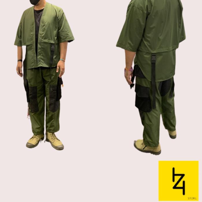 Kimono techwear jepang pria wanita hijau army cyberpunk polos S M L XL