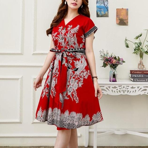 Dress Midi Cheongsam Red Phoenix Bird Ribbon Flare Elegant CNY GTG