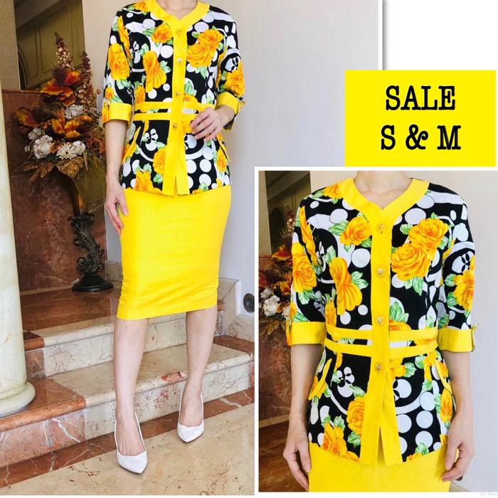 Setelan blazer wanita motif bunga premium warna kuning mewah dan elegan. Setelan blazer wanita kanto
