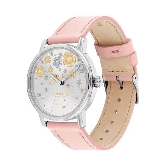 Jam Tangan Wanita Original Coach Silver Floral Pink Leather Strap