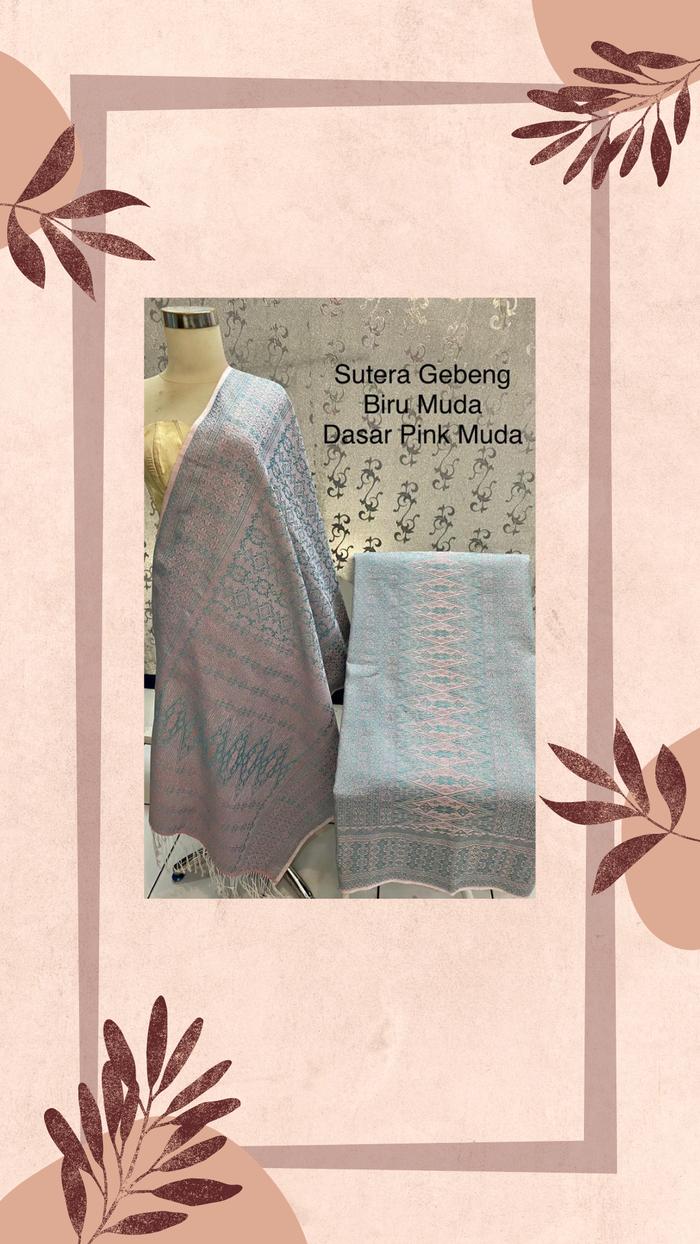 Songket Tumtuman Sutera Gebeng Warna Biru Muda dasar Pink Muda