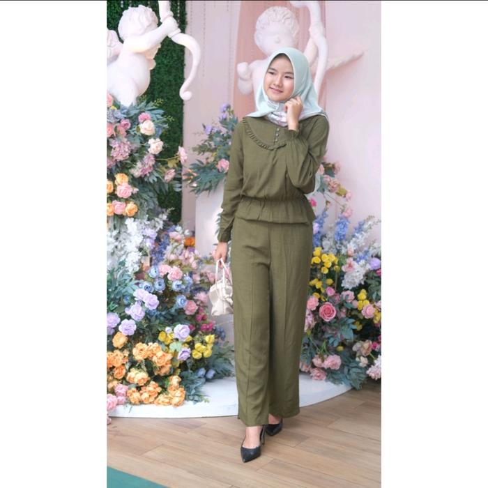 One set atasan missty wanita blouse bawahan celana panjang hijau