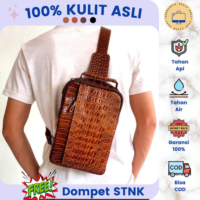 Tas Pria Selempang Waistbag Kulit Sapi Asli Motif Crocodile Premium