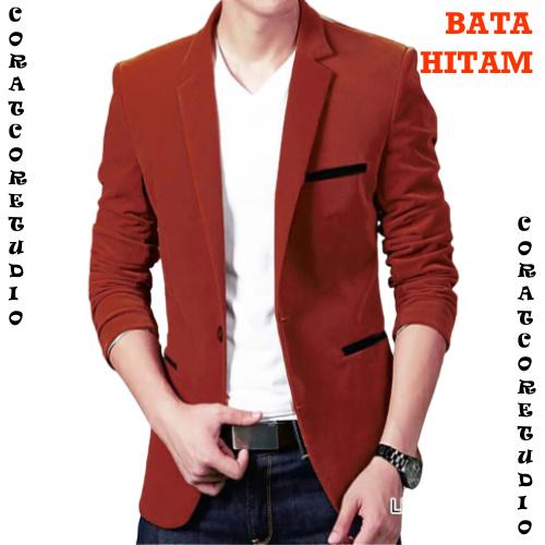 CORAT CORET Jas Pria Blazer Cowok MERAH BATA LIS HITAM Katun Stretch