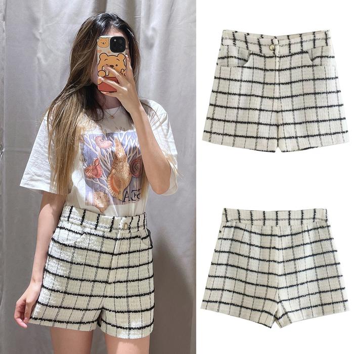 plaid tweed short / short pants tweed wanita / celana pendek