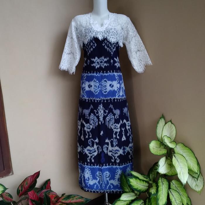 maxy dress tenun etnik NTT biru mix brokat renda putih
