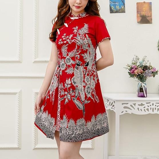 Midi Dress Cheongsam Qipao Bird Feng Li Shanghai Red Elegant CNY GTG