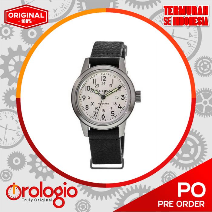 Jam Tangan Bulova Hack Automatic Ivory Dial Black Leather Strap Men's Watch 96A24