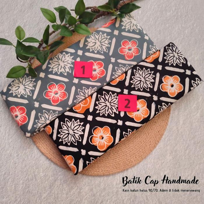 Kain Batik Cap Handmade Serian Bunga Sakura ( Abu Oren - Hitam Oren )