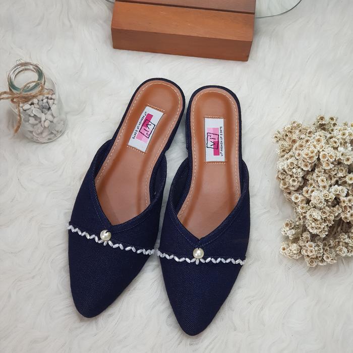 Selop Wanita Pesta VI2FASHION Bahan Denim Biru Dongker