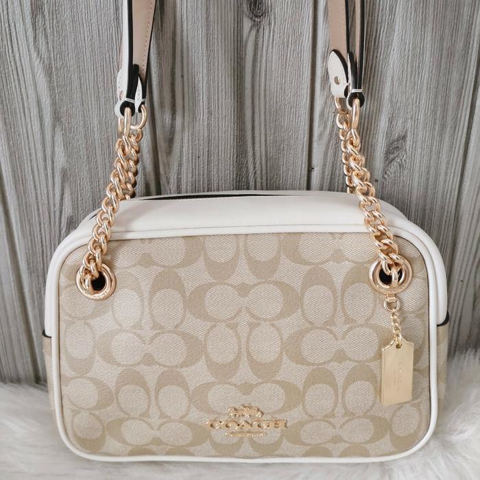 Coach Cammie chain tote bag sign light khaki chalk