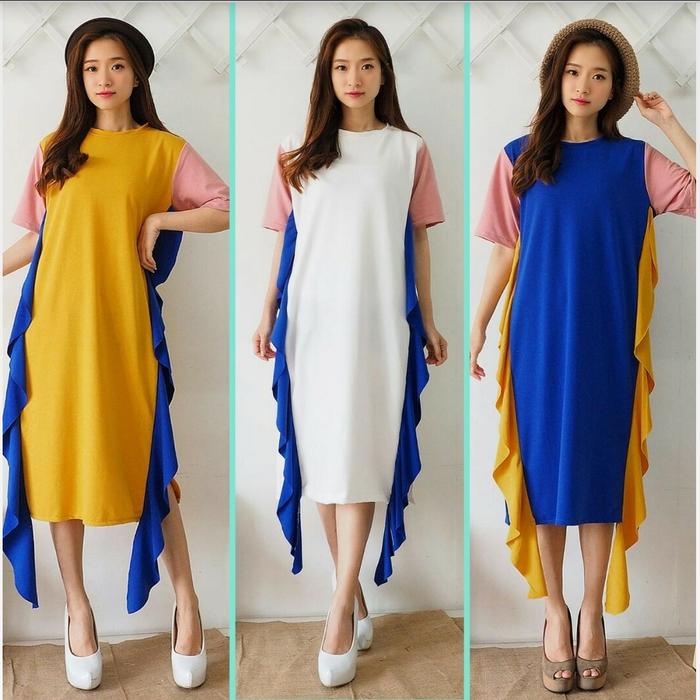 MIDI DRESS 3TONE CASUAL XL MUSTARD/ PUTIH/ BIRU BENHUR GEISHA SERRA