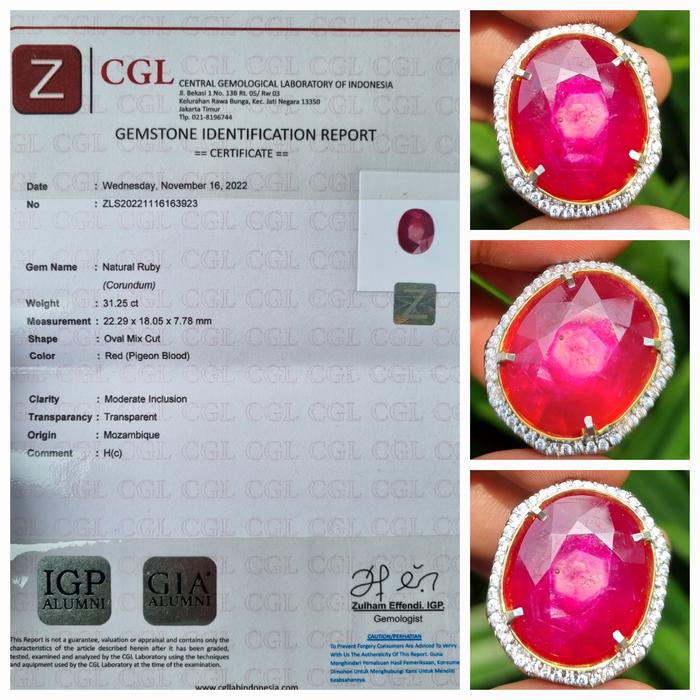 Batu Red Pigeon Blood Ruby Jumbo HQ Motif Sertifikat 31.25 crt