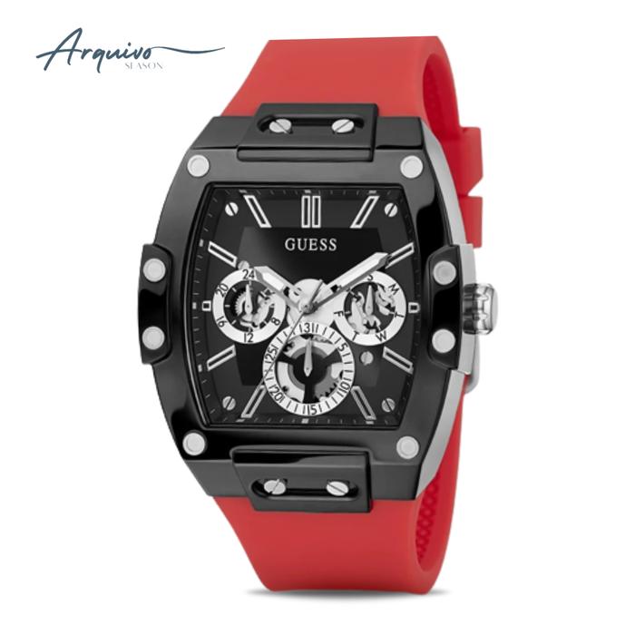 Jam Tangan Guess Pria Phoenix Chronograph Red Rubber Black Dial Sporty Casual Original GW0203G4