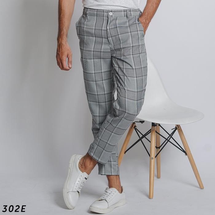 Trousers Slimfit grey tartan pants pria celana kotak kotak pria keren