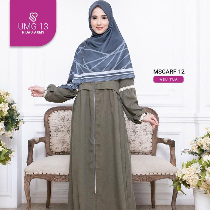 GAMIS UKHTI MUNIRA UMG 13 HIJAU ARMY GAMIS KATUN MADINA ZIPPER DEPAN
