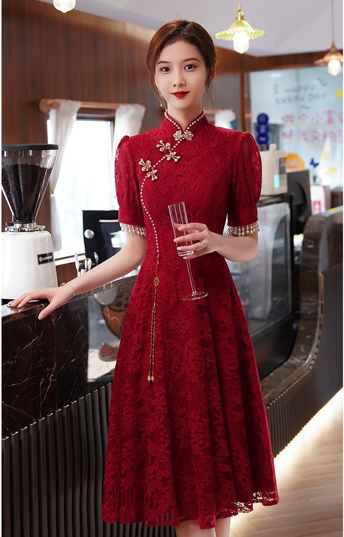 Gaun Pesta D22036 Cheongsam Merah Lengan Pendek Sangjit Dress Gown
