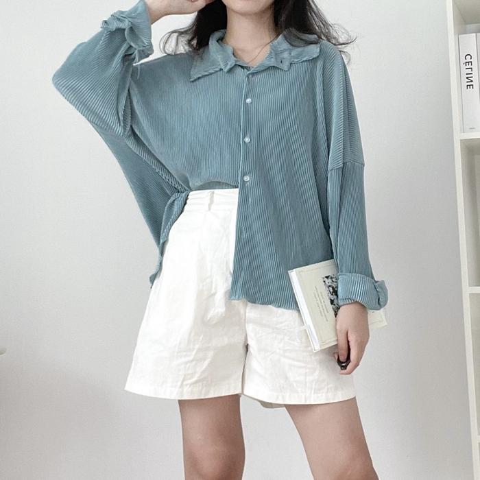 Geus Pleated Oversized Kemeja Wanita Polos Warna Biru Violet Hijau Kuning Bahan Adem Halus Size LD 1