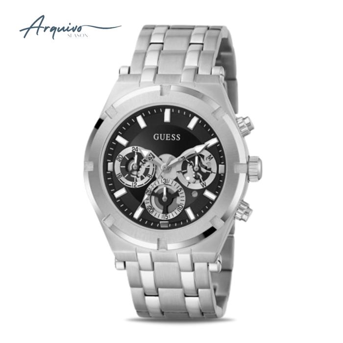 Jam Tangan Guess Pria Continental Chronograph Silver Stainless Steel Black Dial Sporty Mewah Origina