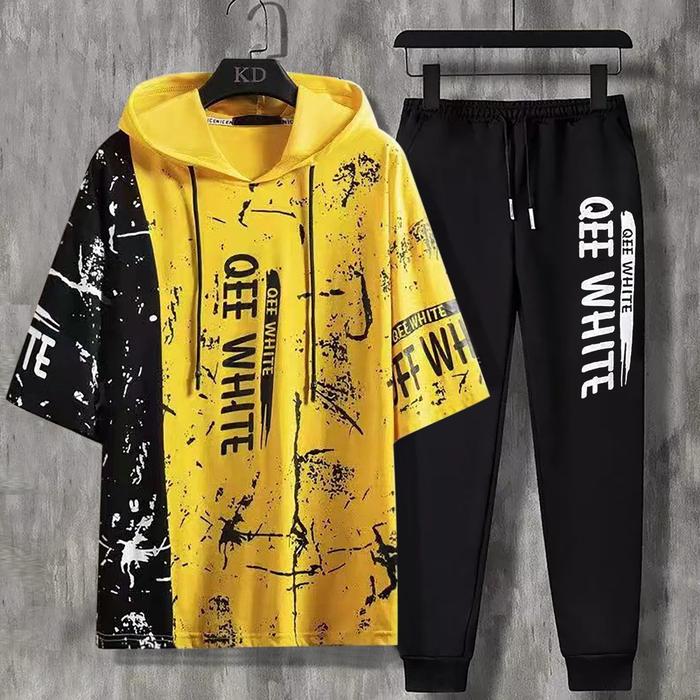 Setelan Kaos Hoodie White Cowok One Set Pria + Celana Joger Pants