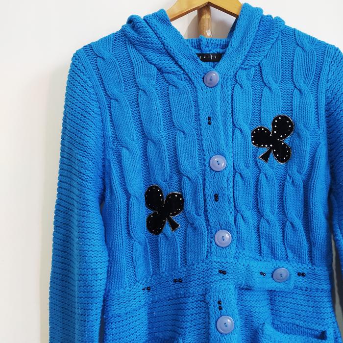 preloved blue cable knit chunky cardigan / outer rajut kepang