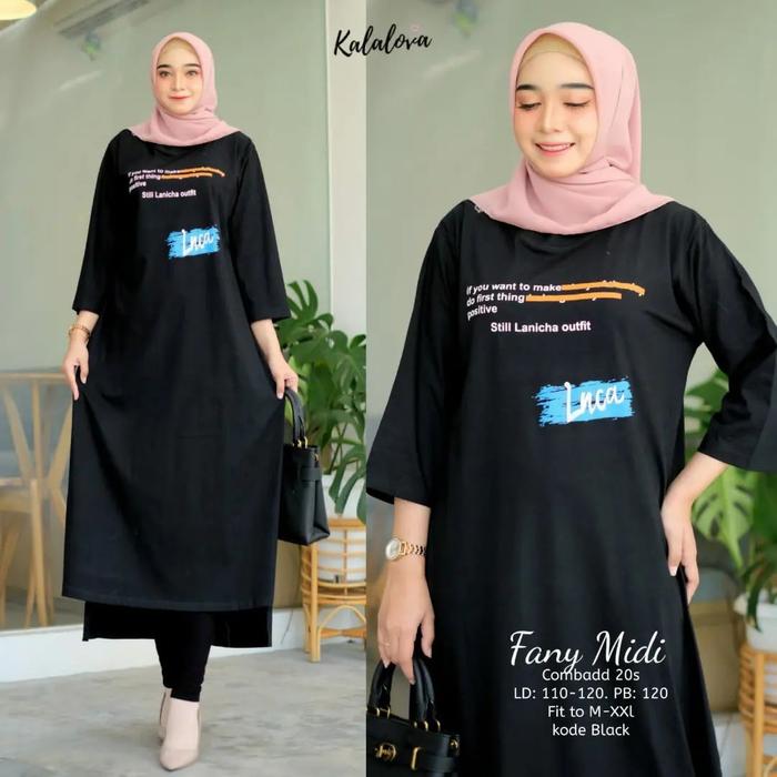 FANNY MIDI DRESS BAHAN KAOS KATUN COMBED 24S GAMIS WANITA KEKINIAN
