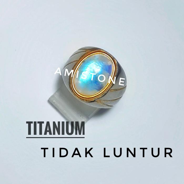 Batu Cincin Akik Biduri Bulan Luster Biru Ring Titanium Awet