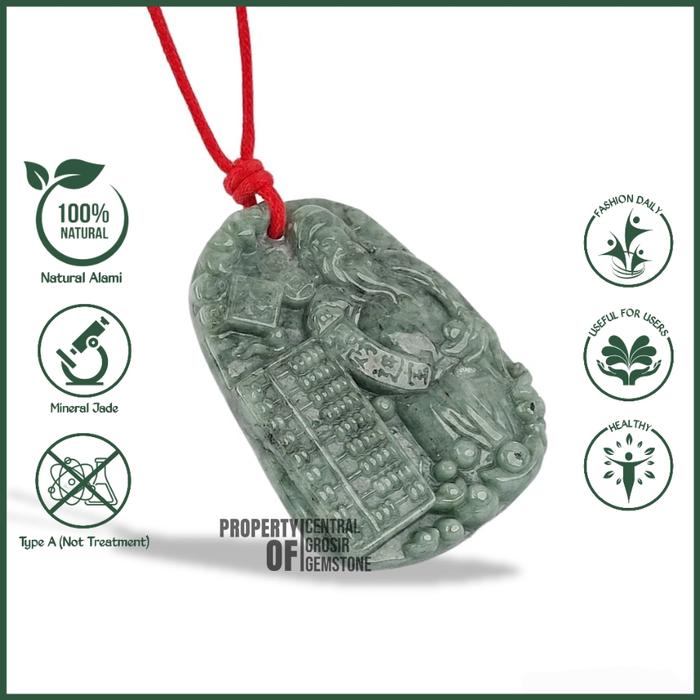 Kalung Kwan Kong Liontin Giok Hijau Natural Jadeite Jade Burma Asli