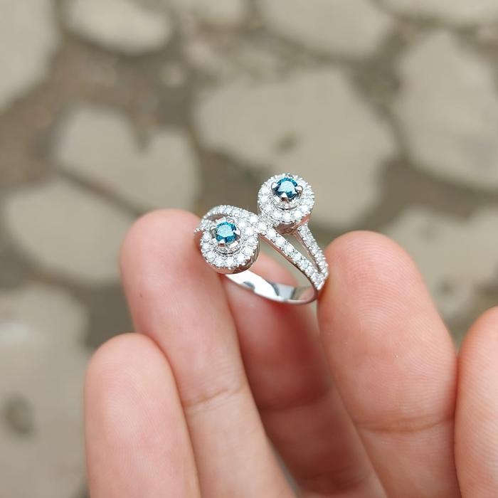 natural berlian fancy blue mix berlian eropa ring emas putih