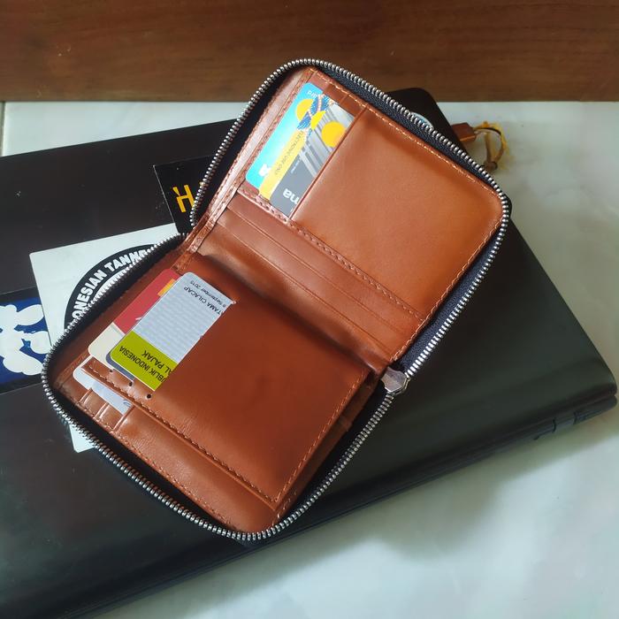 dompet kulit sapi mini zipper warna havana free laser grafir nama