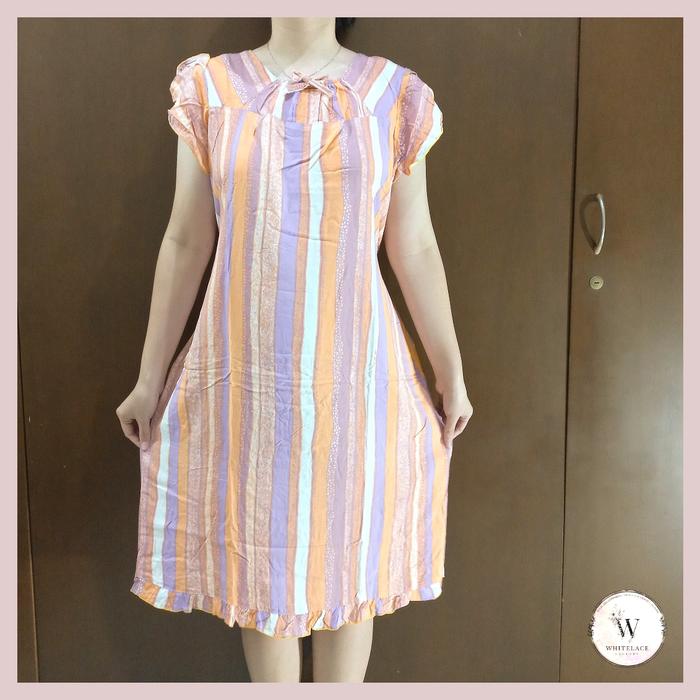 Daster Elli: Model Tali Lengan Mawar Leher Karet Pita Dada Motif Salur