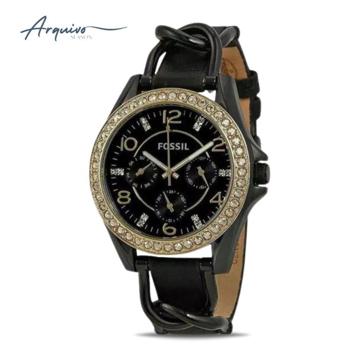 Jam Tangan Fossil Wanita Riley Chronograph Kulit Black Casual Mewah Original ES3696